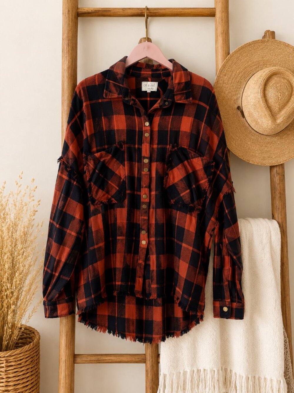 Oli & Hali Oversized Plaid Fringe Shacket Button Up Shirt Jacket M/L